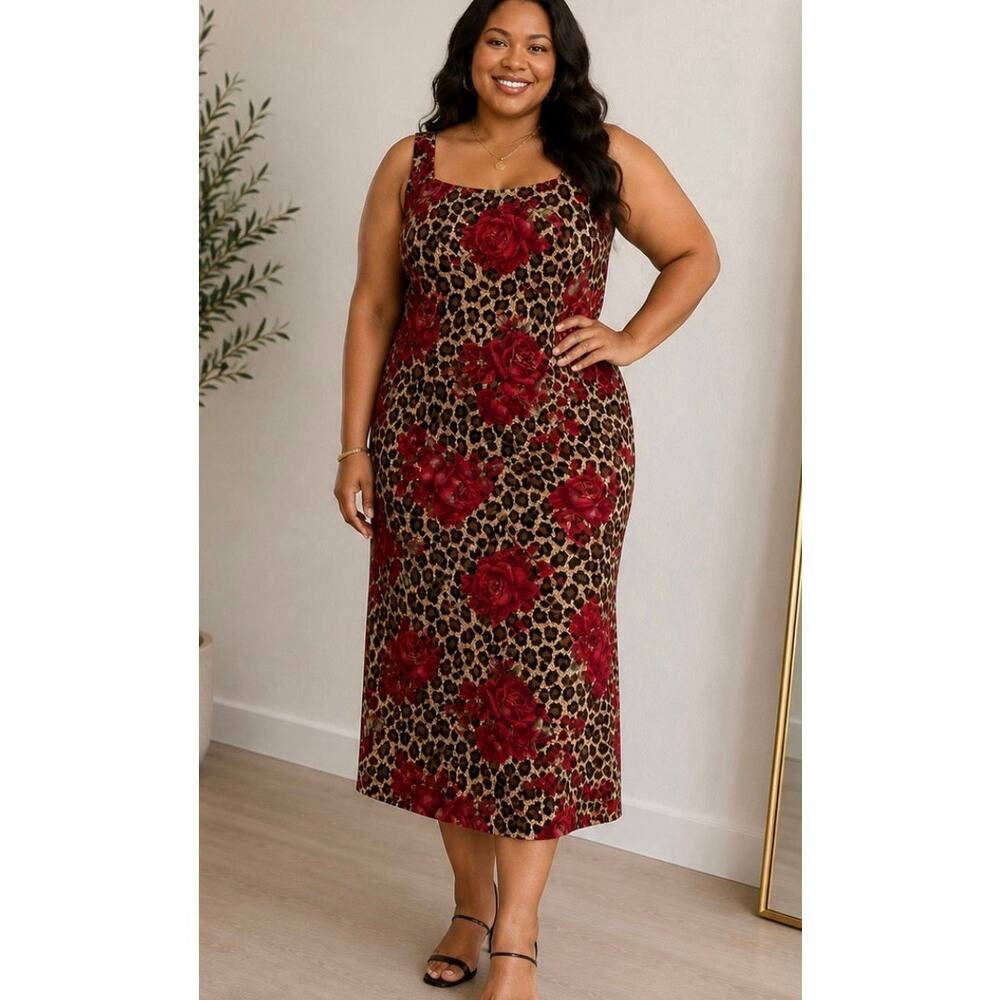 Jennifer Jeffries Leopard Rose Print Midi Dress Size 14 Sleeveless